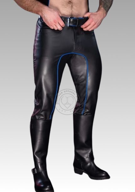 Men Leather Pant Piped Blue, leather pants bondage, gay leather pants, men leather pants, gay mens pants for sale