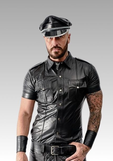 Leather Police Shirt Short Sleeves, leather collared shirt, sleeveless leather shirt, black leather shirt, mens leather shirts for sale