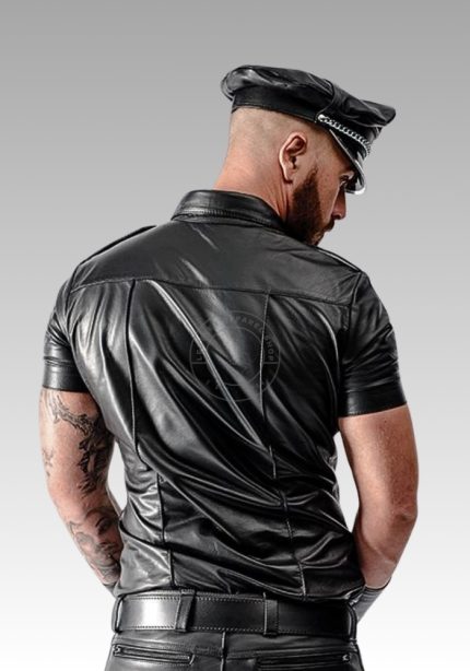 Leather Police Shirt Short Sleeves, leather collared shirt, sleeveless leather shirt, black leather shirt, mens leather shirts for sale