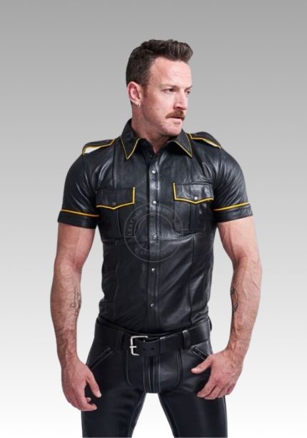 Leather Gay Shirt Yellow Piping, black leather shirt, mens leather shirt, leather shirt, leather shirt gay for sale