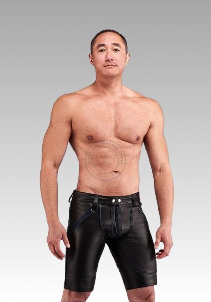 Leather Shorts Blue Piping, chap shorts, leather pants shorts, leather black shorts, short shorts gay for sale