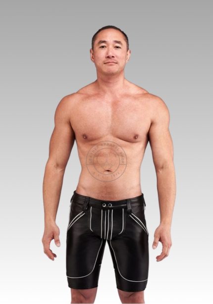 Leather Shorts White Piping, leather shorts, gay shorts, mens black leather shorts, leather shorts for men for sale