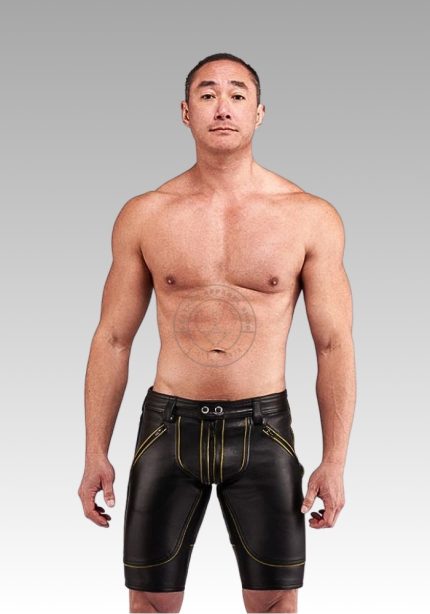 Leather Shorts Yellow Piping Zipper, leather shorts, gay shorts for sale